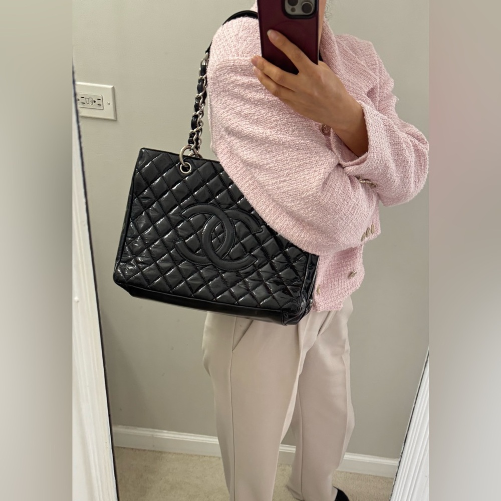 Chanel Patent leather quilted GST Grand shopping bag black silver tone hardware